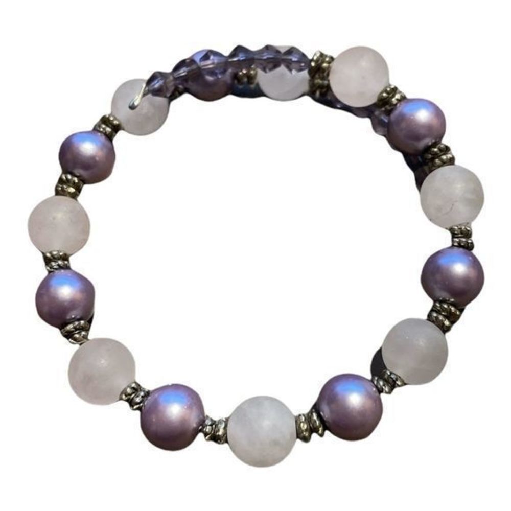 Genuine Rose Quartz and Glass Pearl Memory Wire Bracelet - Picture 2 of 2